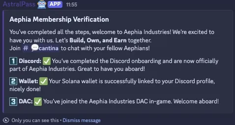 The AstralPass bot's reply in Discord, with Discord, Wallet and DAC all ticked.