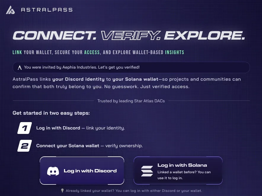 The AstralPass welcome screen: “You were invited by Aephia Industries”, with Log in with Discord and Log in with Solana buttons.